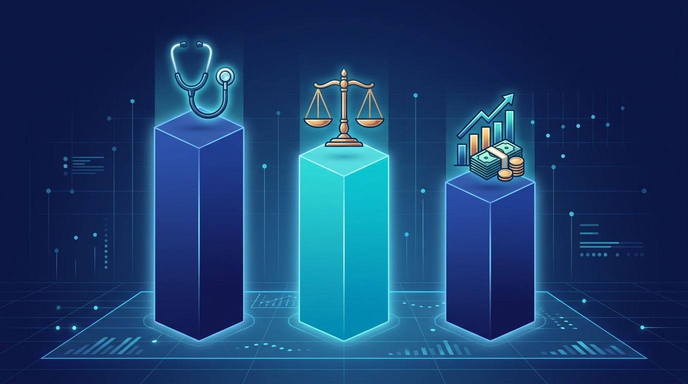 YMYL kategori AI Overview pay bar chart — medical %71, legal %64, finance %58 ikon kombinasyonu