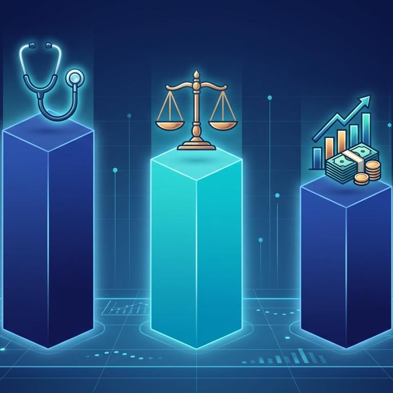 YMYL kategori AI Overview pay bar chart — medical %71, legal %64, finance %58 ikon kombinasyonu