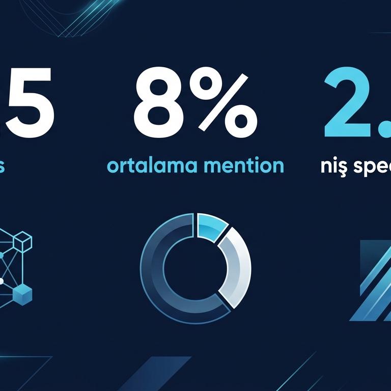 Reklam ajansı niş metrik infografik: 225 ajans tarama, %8 ortalama mention rate, 2.4x niş specialist boost