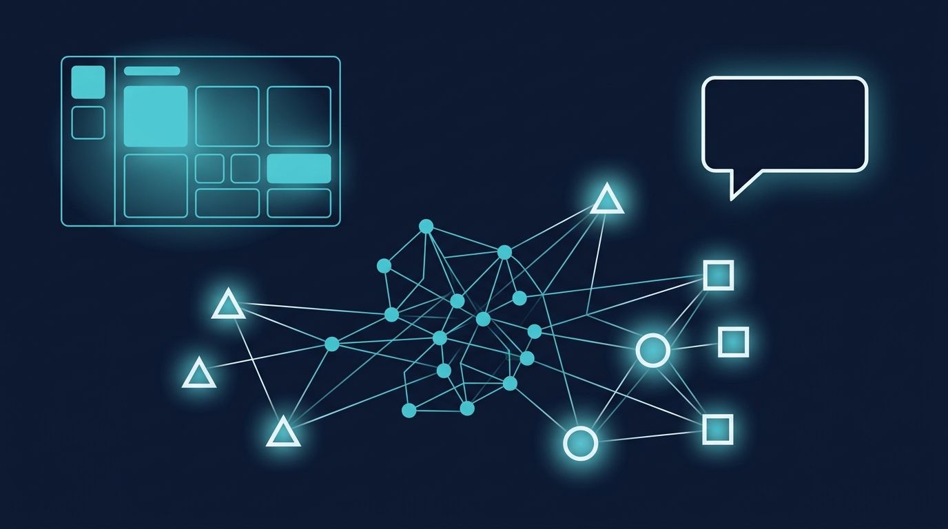 B2B SaaS AI görünürlük — dashboard wireframe + tool comparison network görseli