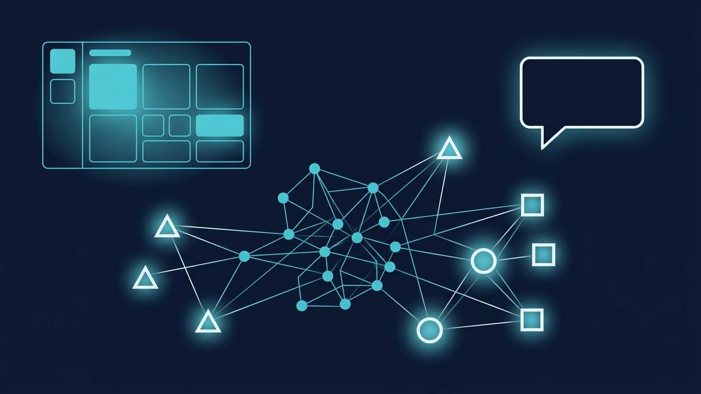 B2B SaaS AI görünürlük — dashboard wireframe + tool comparison network görseli