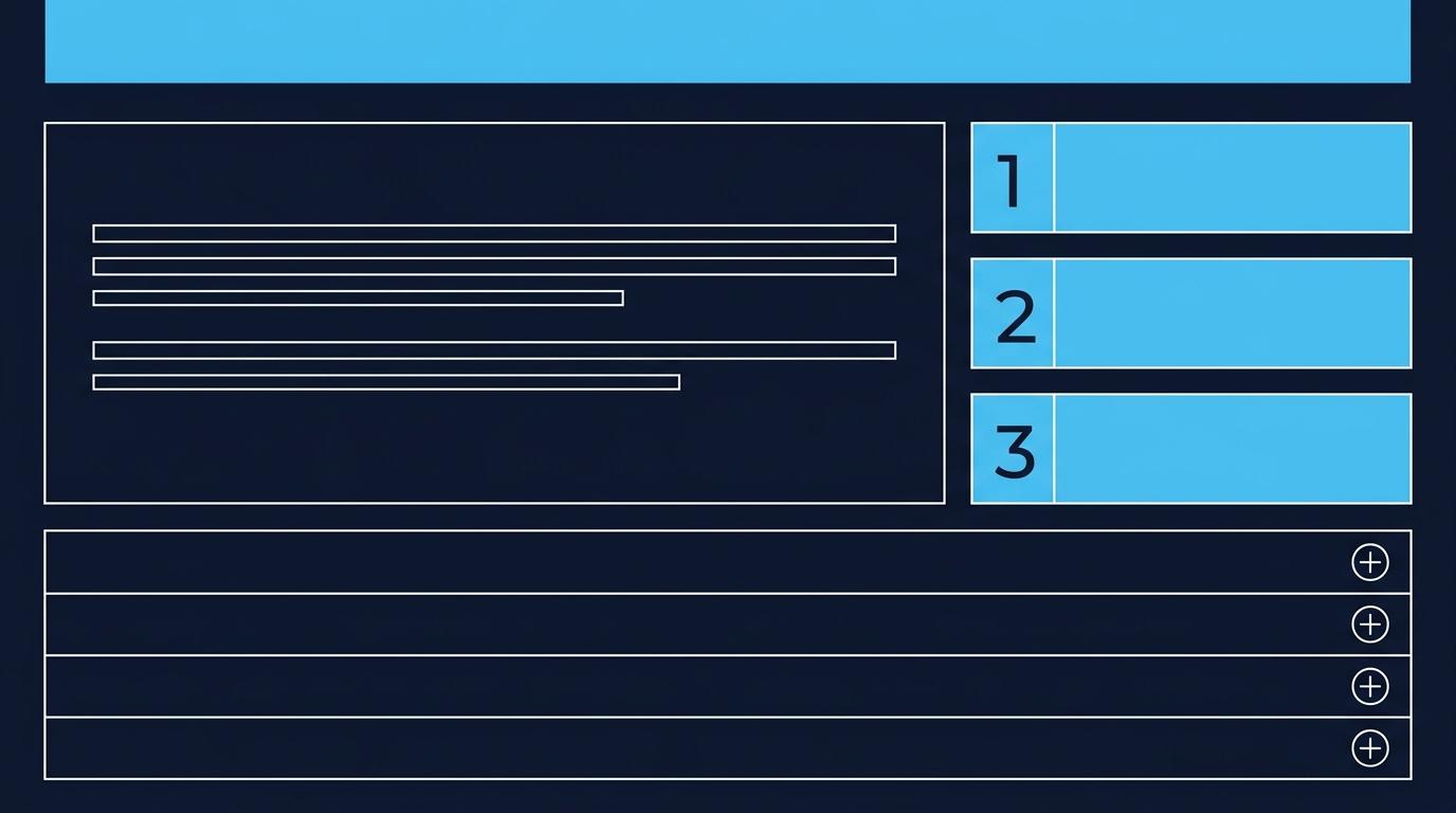 KDV beyanname hizmet sayfa şablonu wireframe: üst başlık alanı, sol kolon hizmet açıklama bloku (4 paragraf çizgisi), sağ kolon süreç adımları (3 numaralı kutu), alt FAQ bölümü 4 soru başlığı. Lacivert outline + turkuaz mavi vurgu blokları.