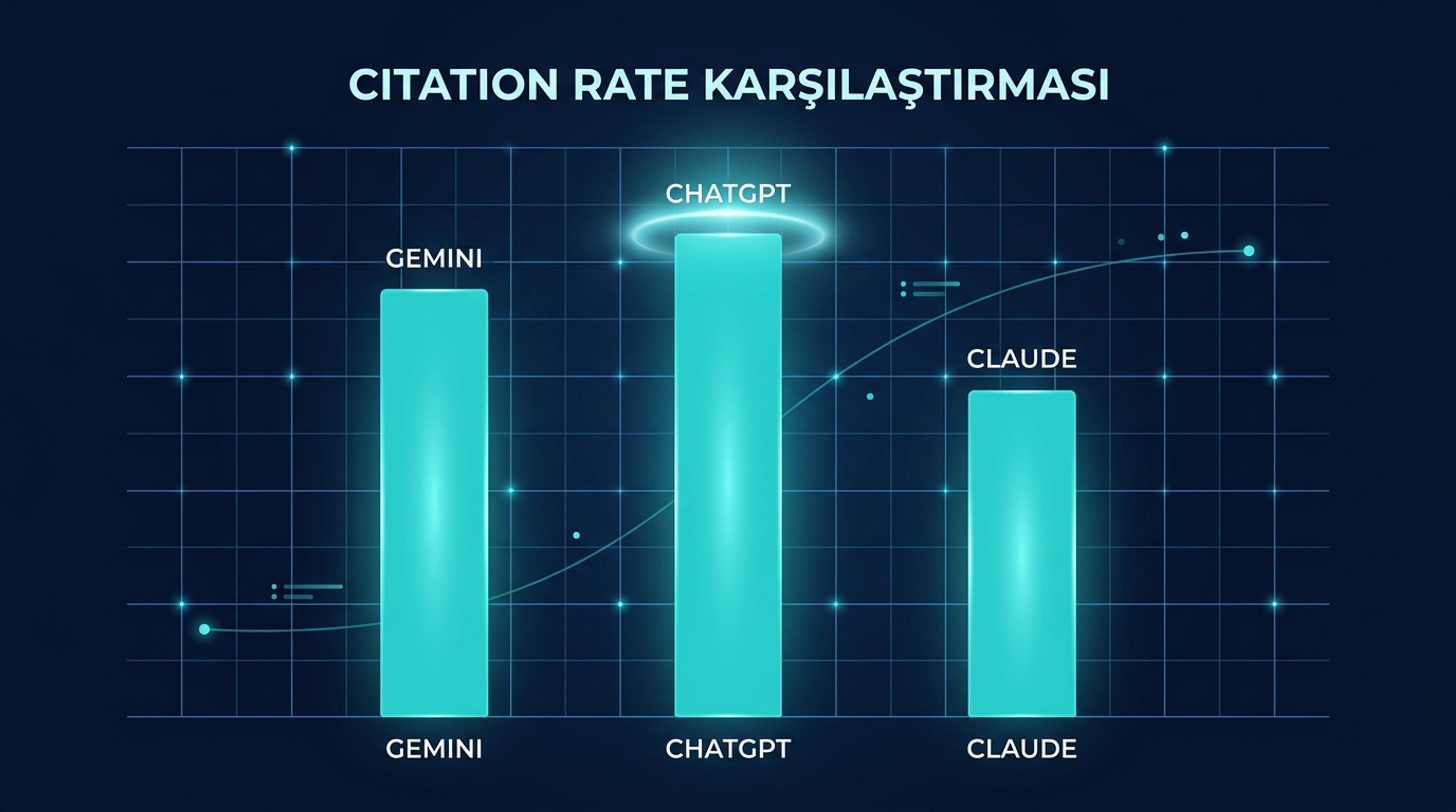 3 AI platform Türkçe citation rate karşılaştırma bar grafiği: Gemini yüzde 38, ChatGPT yüzde 42, Claude yüzde 29