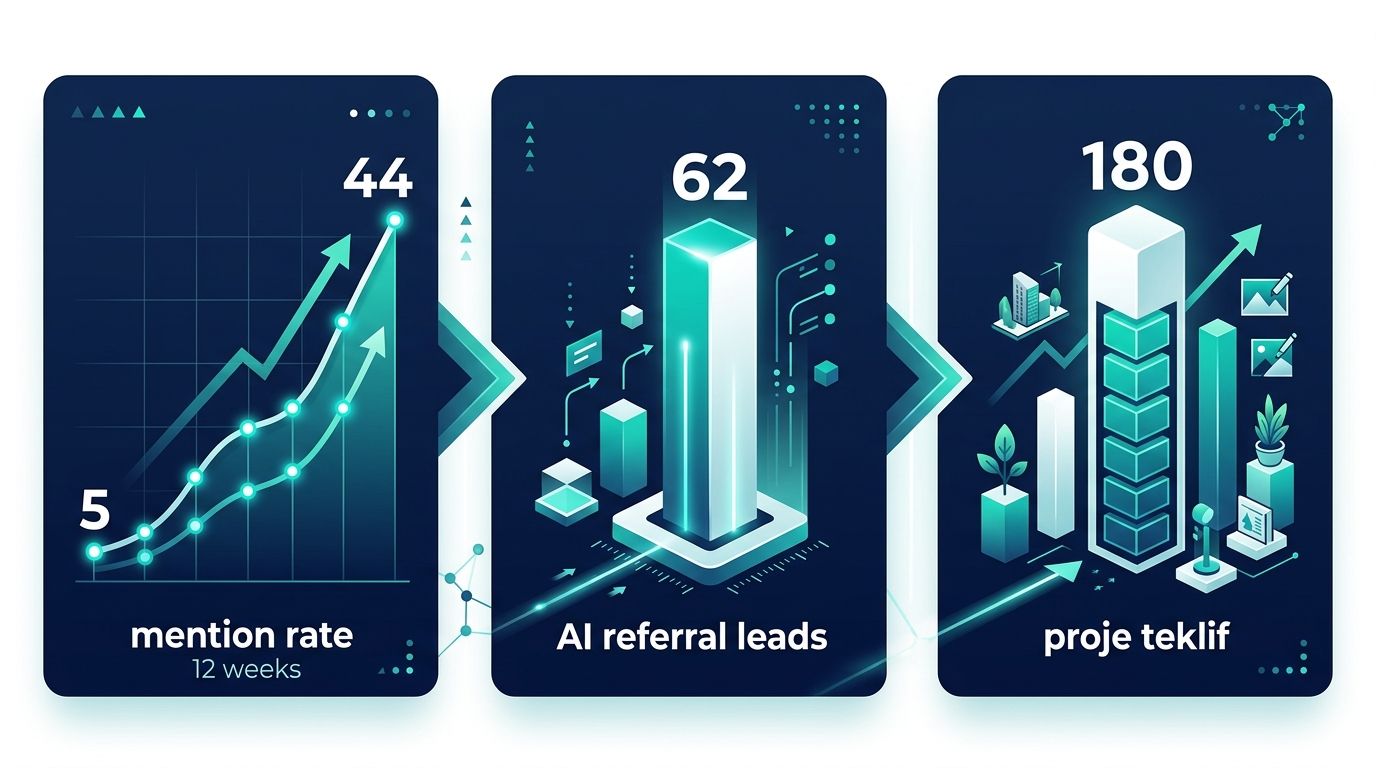 Bursa peyzaj firması vakası 12 hafta sonuç infografik — %5→%44 mention rate eğrisi + +%62 lead + +%180 teklif bar