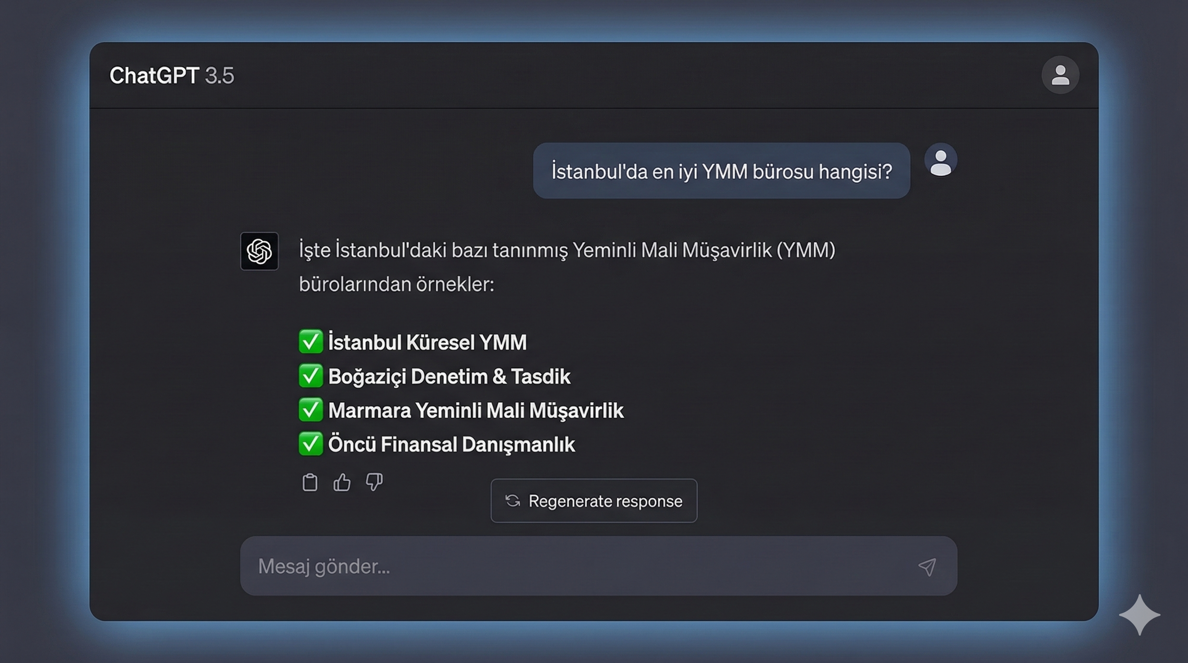 ChatGPT'ye İstanbul YMM bürosu sorgusu — 4 rakip büro öneriliyor