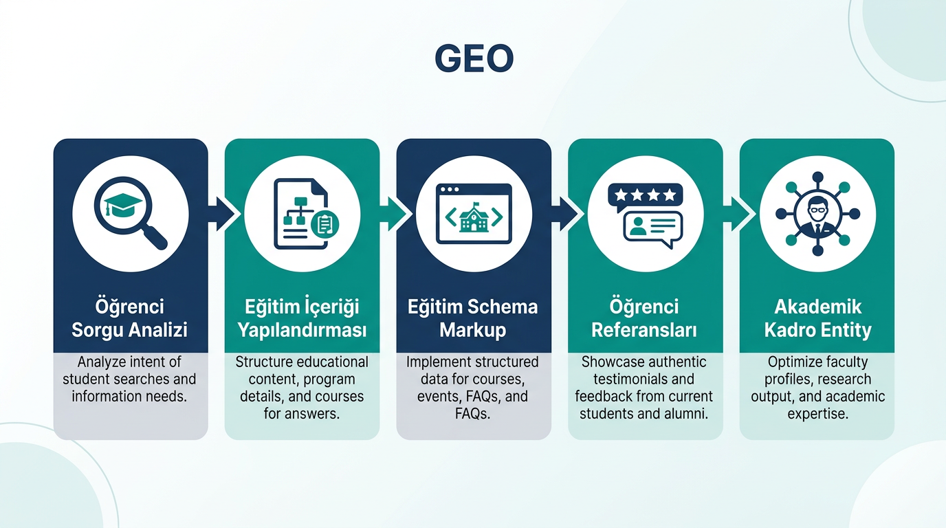 Eğitim kurumları için 5 adımlı GEO stratejisi infografiği