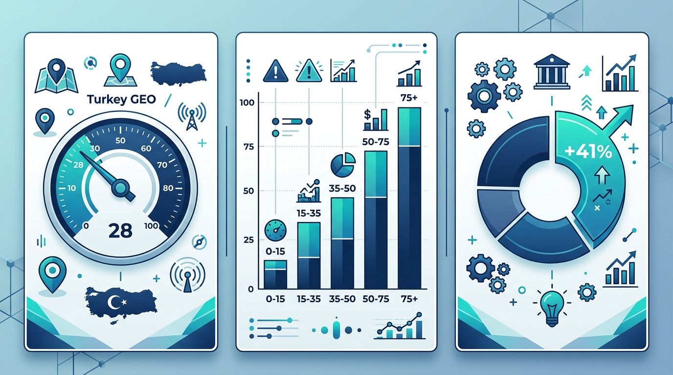 9 senaryo derinleştirme istatistik infografik — Türkiye GEO medyanı 24/100 gauge, 9 senaryo bar chart, Princeton ve AirOps istatistikleri üç panel