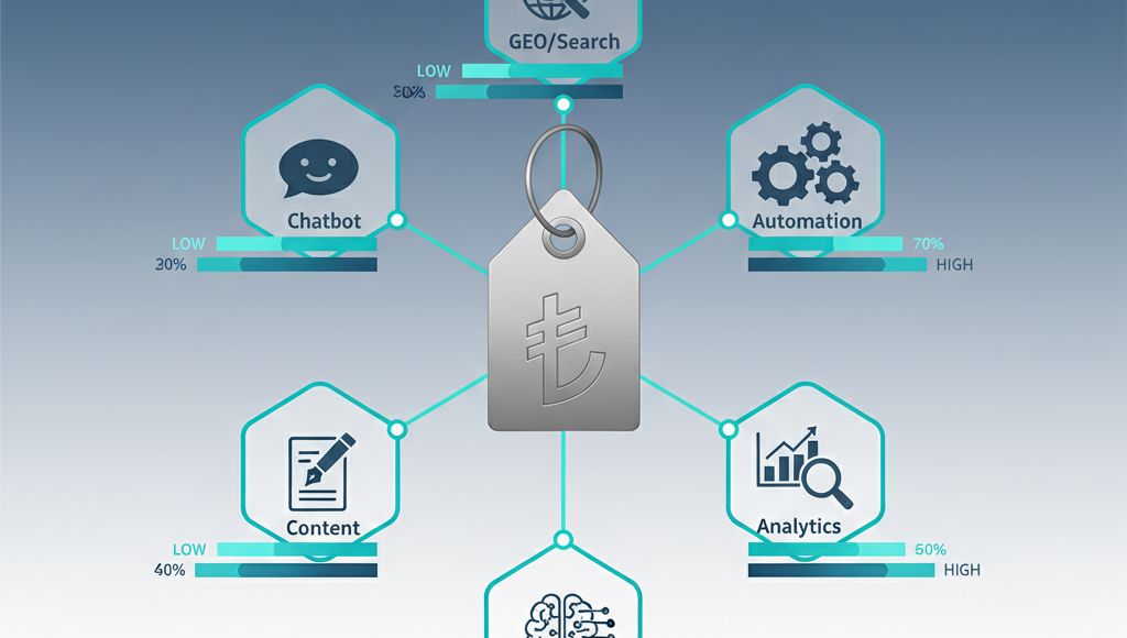 Yapay zeka çözüm türlerine göre maliyet ve ROI karşılaştırma tablosu — GEO, chatbot, otomasyon, veri analitiği