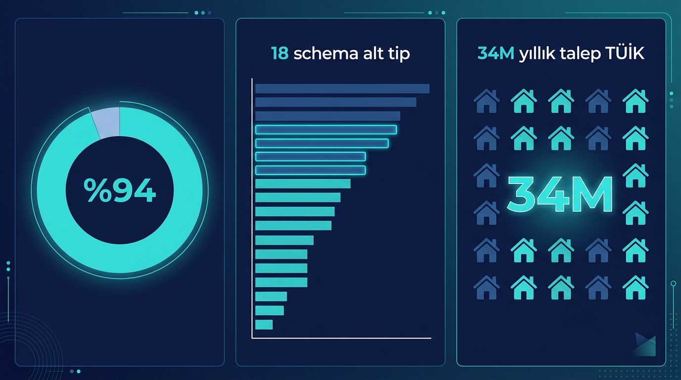 Hizmet işletmesi 3 panel infografik: %94 görünmez donut, 18 schema alt tip bar, 34M yıllık talep ev ızgarası