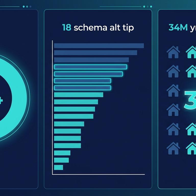 Hizmet işletmesi 3 panel infografik: %94 görünmez donut, 18 schema alt tip bar, 34M yıllık talep ev ızgarası