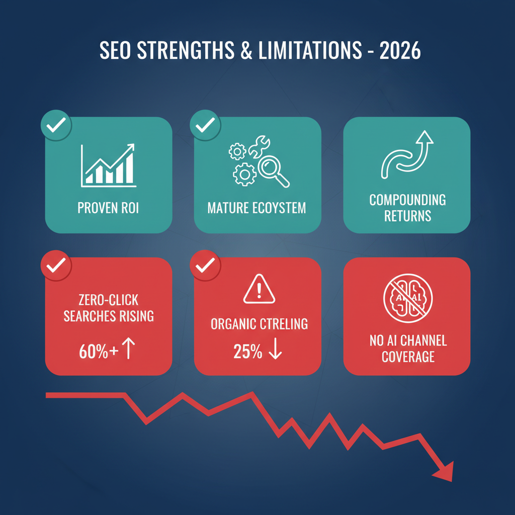 SEO'nun güçlü yanları ve 2026'daki sınırları — organik tıklama düşüşü ve zero-click arama artışı