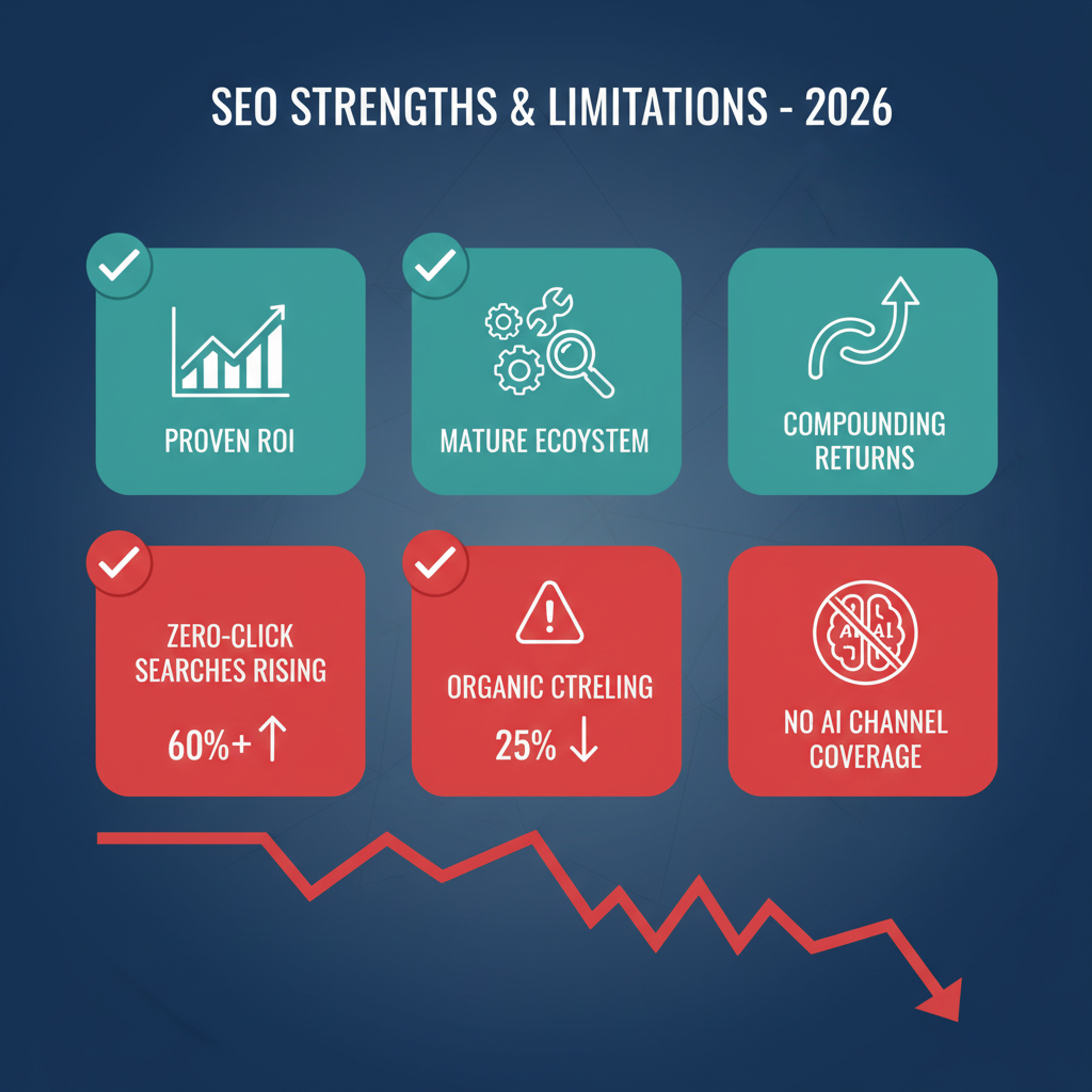 SEO'nun güçlü yanları ve 2026'daki sınırları — organik tıklama düşüşü ve zero-click arama artışı