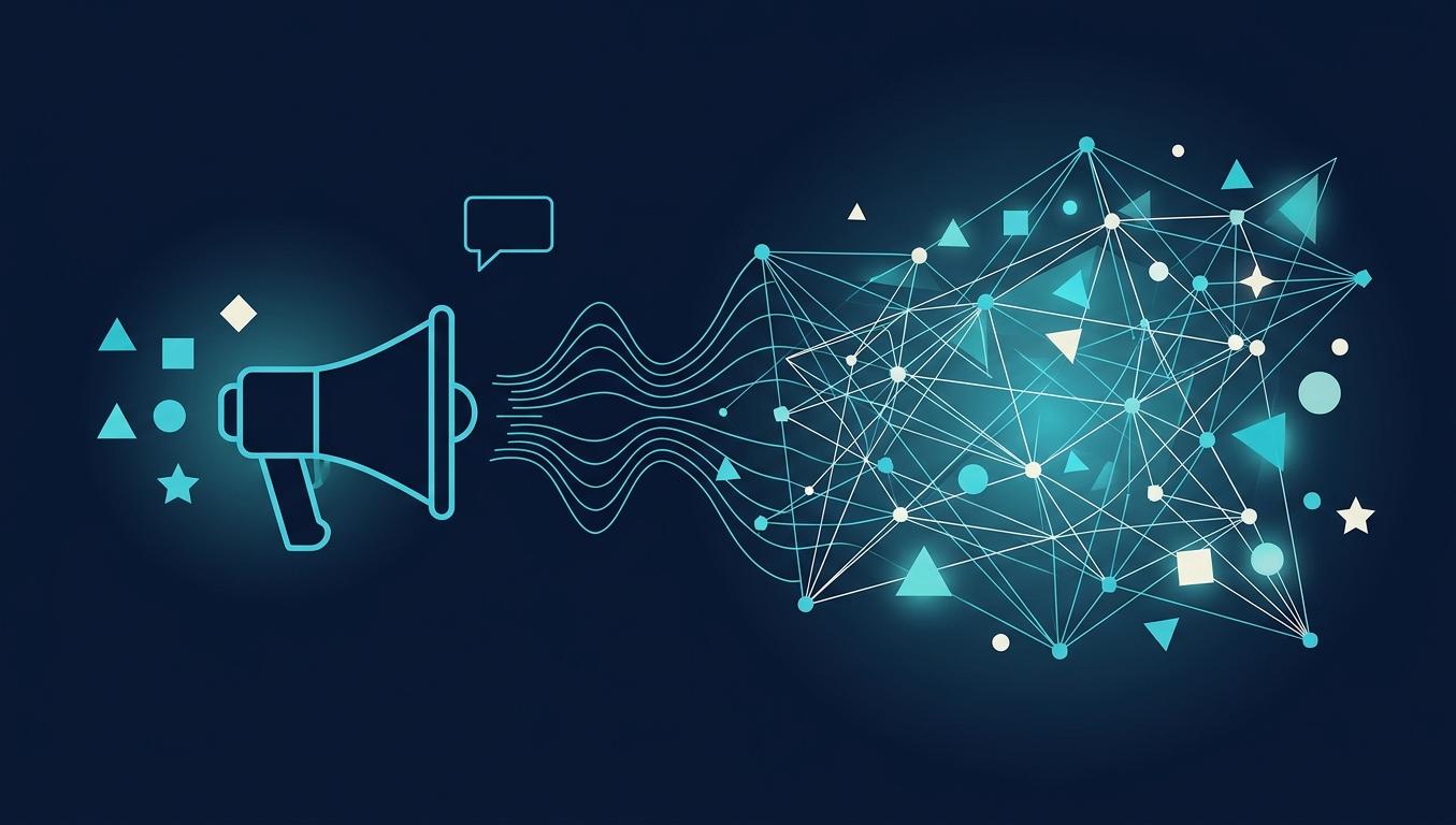 Reklam ajansı için AI görünürlük — soyut megaphone ve kreatif paletten AI network görünürlük akışı
