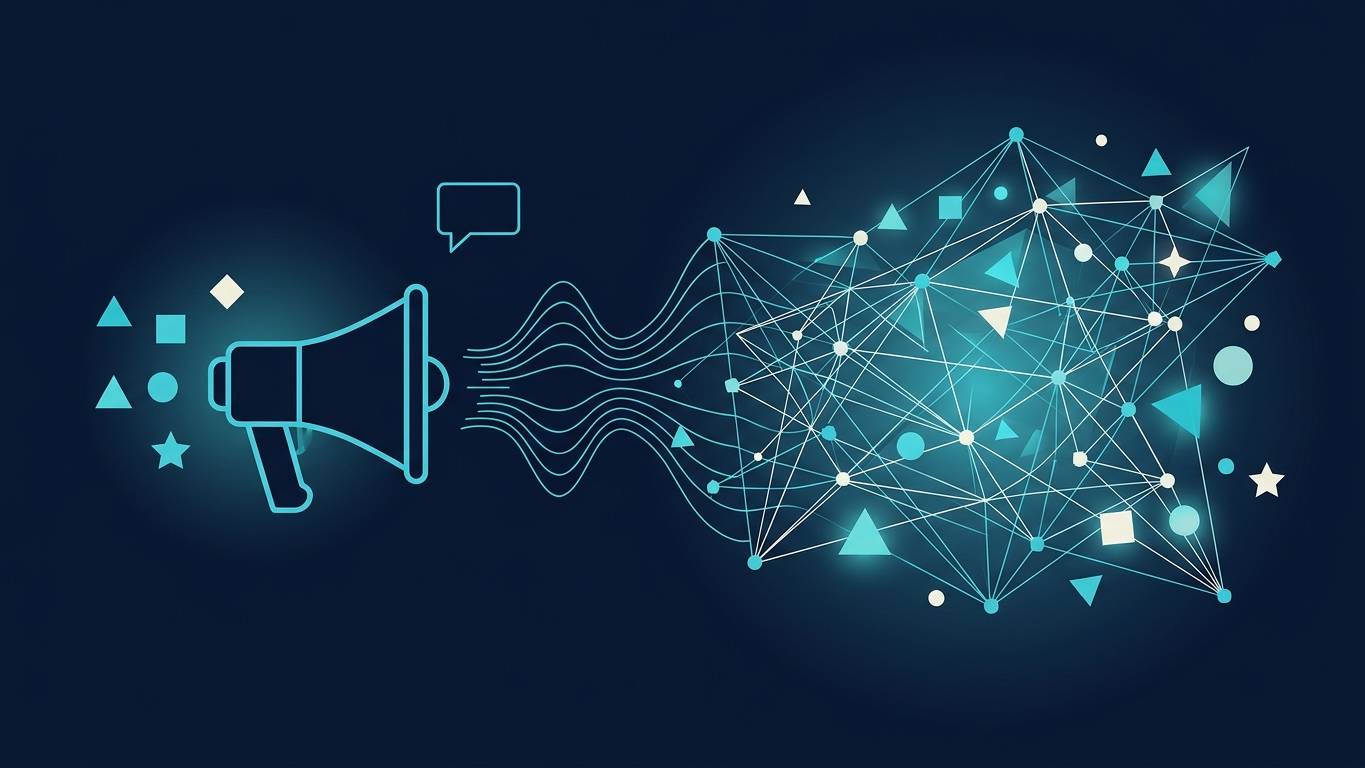 Reklam ajansı için AI görünürlük — soyut megaphone ve kreatif paletten AI network görünürlük akışı