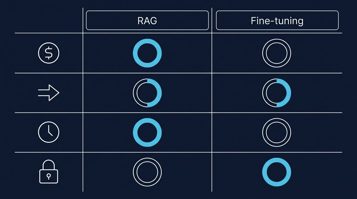 RAG vs Fine-tune karar matrisi karşılaştırma: 2 sütun (RAG ve Fine-tune), 4 satır kriter (maliyet, hız, güncellik, kontrol). Her hücrede turkuaz mavi yoğunluk göstergesi (dolu/yarı dolu/boş halka). Lacivert arka plan + beyaz grid hatları.