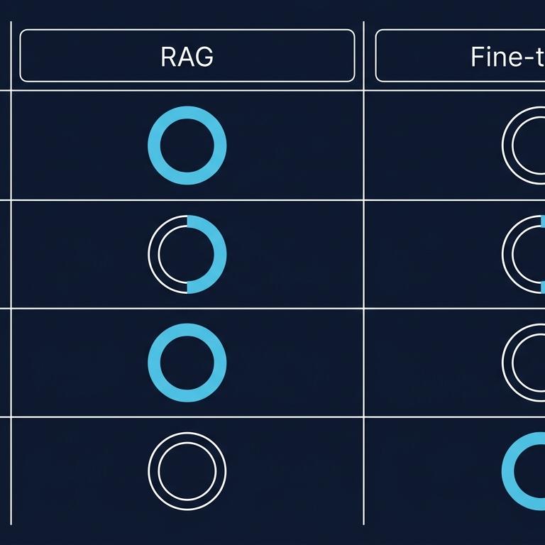 RAG vs Fine-tune karar matrisi karşılaştırma: 2 sütun (RAG ve Fine-tune), 4 satır kriter (maliyet, hız, güncellik, kontrol). Her hücrede turkuaz mavi yoğunluk göstergesi (dolu/yarı dolu/boş halka). Lacivert arka plan + beyaz grid hatları.