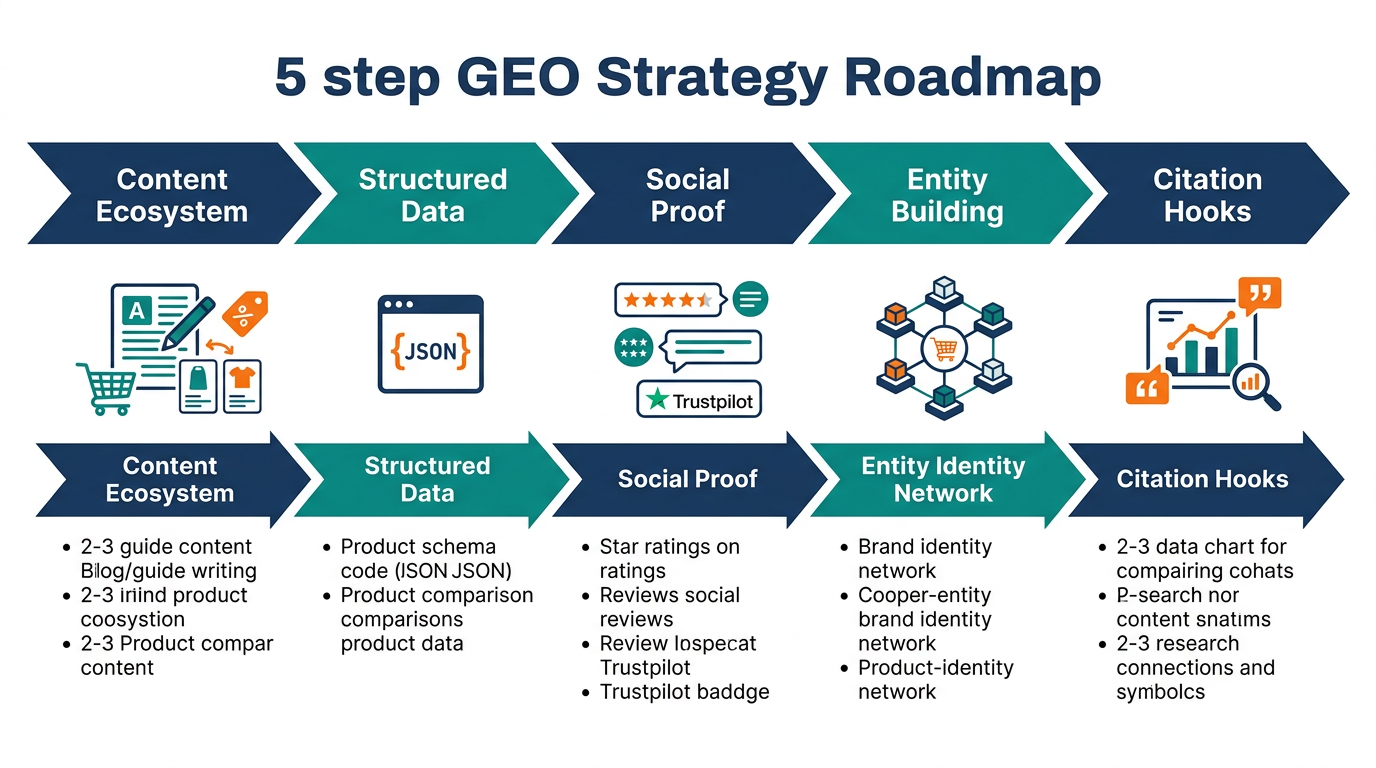 E-ticaret için 5 adımlık GEO stratejisi — içerik, schema, sosyal kanıt, entity, citation hook
