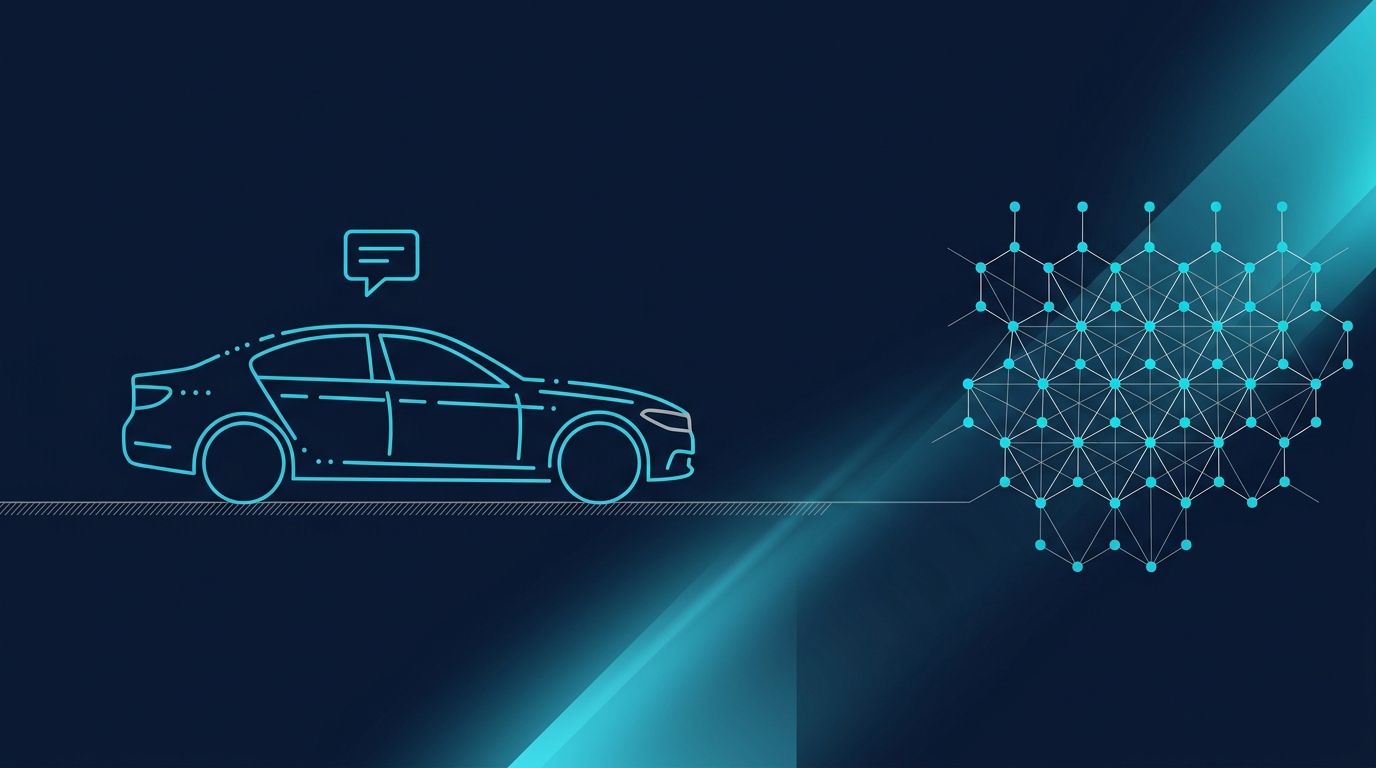 2.el otomotiv galerisi stok listeleme AI görünürlük hero — 3x4 otomobil silüet grid yapısal veri overlay turkuaz pattern, sağ üst AI chat balonu