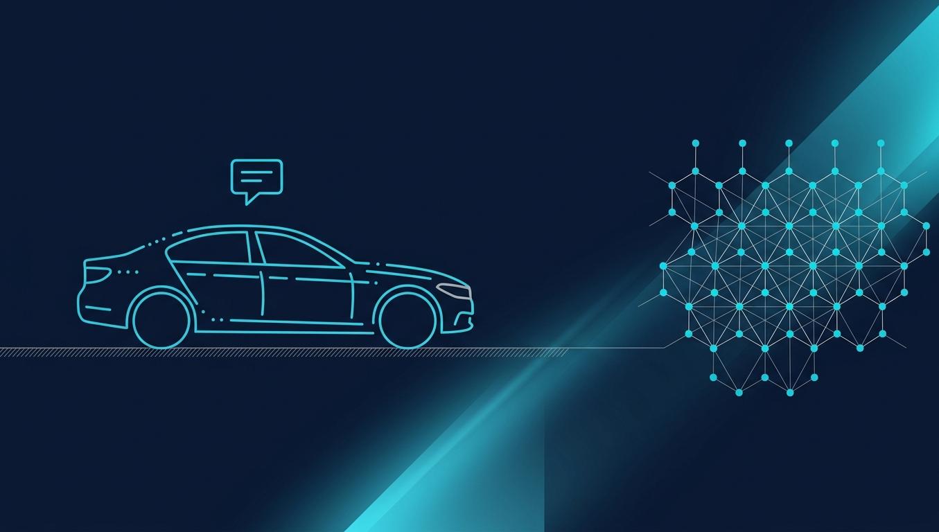 Otomotiv galerisi AI görünürlük kavramsal hero: sol tarafta line-art sedan araç silüeti + üzerinde chat balonu, sağ tarafta hexagon neural network deseni — otomotiv satışı + yapay zeka cevap motoru ekseni