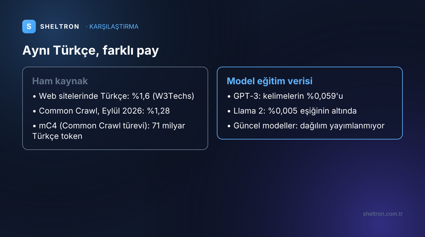 Türkçenin web ve Common Crawl ham arşivindeki payı ile GPT-3 ve Llama 2 eğitim verisindeki payını karşılaştıran görsel