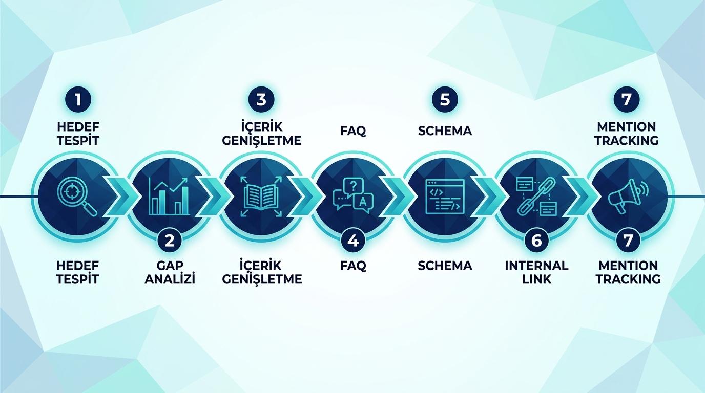 7 adımlı refresh framework yatay akış — hedef tespit, gap analizi, içerik genişletme, FAQ, Schema, internal link, mention tracking