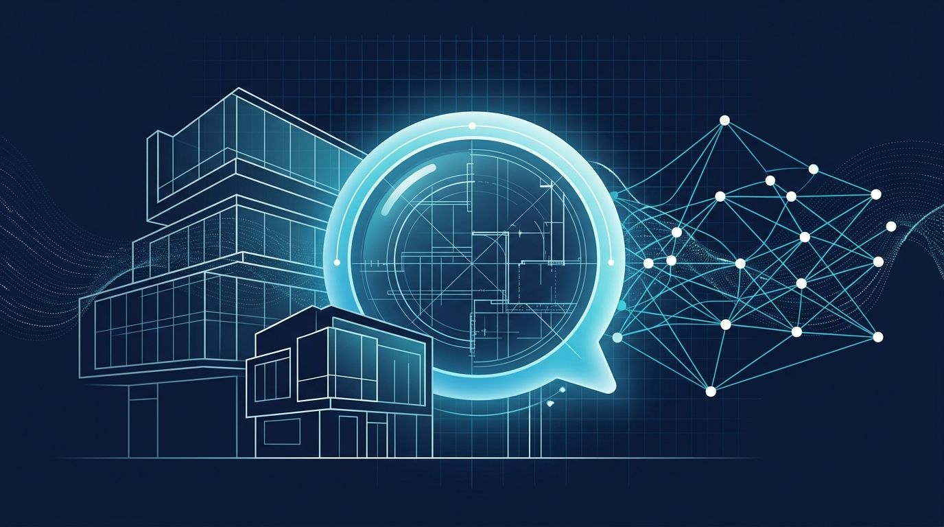 Mimarlık ofisleri + AI görünürlük kavramsal hero: mimari yapı silüetleri (line-art), arama balonu içinde teknik plan, AI neural network bağlantı noktaları.