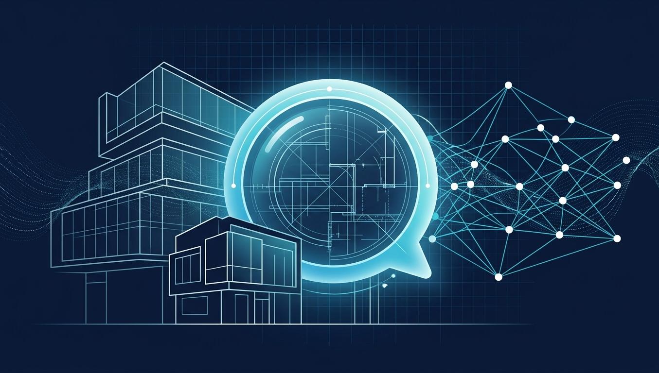Mimarlık ofisleri + AI görünürlük kavramsal hero: mimari yapı silüetleri (line-art), arama balonu içinde teknik plan, AI neural network bağlantı noktaları.