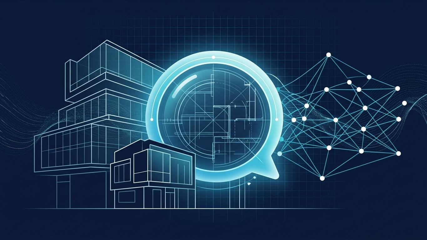 Mimarlık ofisleri + AI görünürlük kavramsal hero: mimari yapı silüetleri (line-art), arama balonu içinde teknik plan, AI neural network bağlantı noktaları.