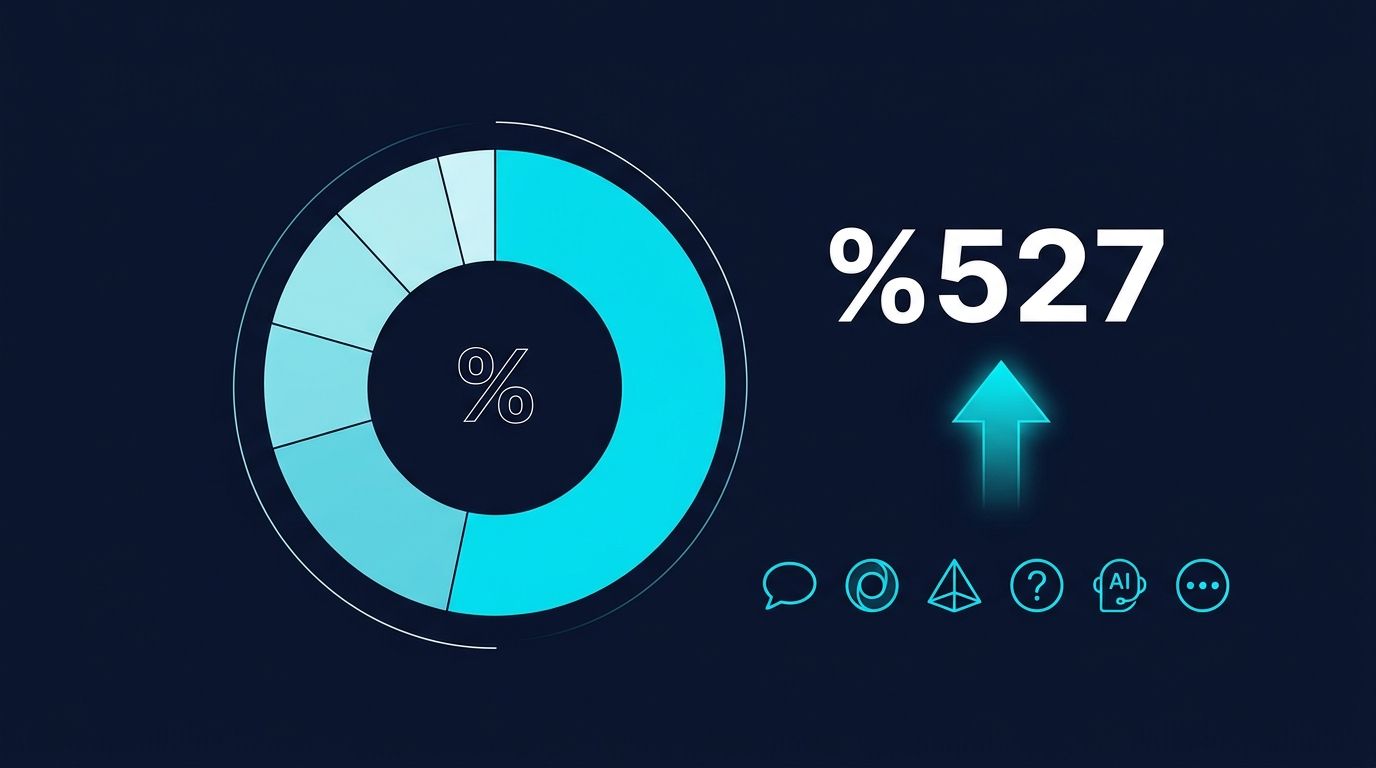 Türkiye AI referral pazar payı infografik: pasta grafik 6 dilim (ChatGPT, Claude, Gemini, Perplexity, Copilot, Diğer), büyük merkezi rakam %527 yıllık artış. Lacivert arka plan + turkuaz mavi tonlamalar.
