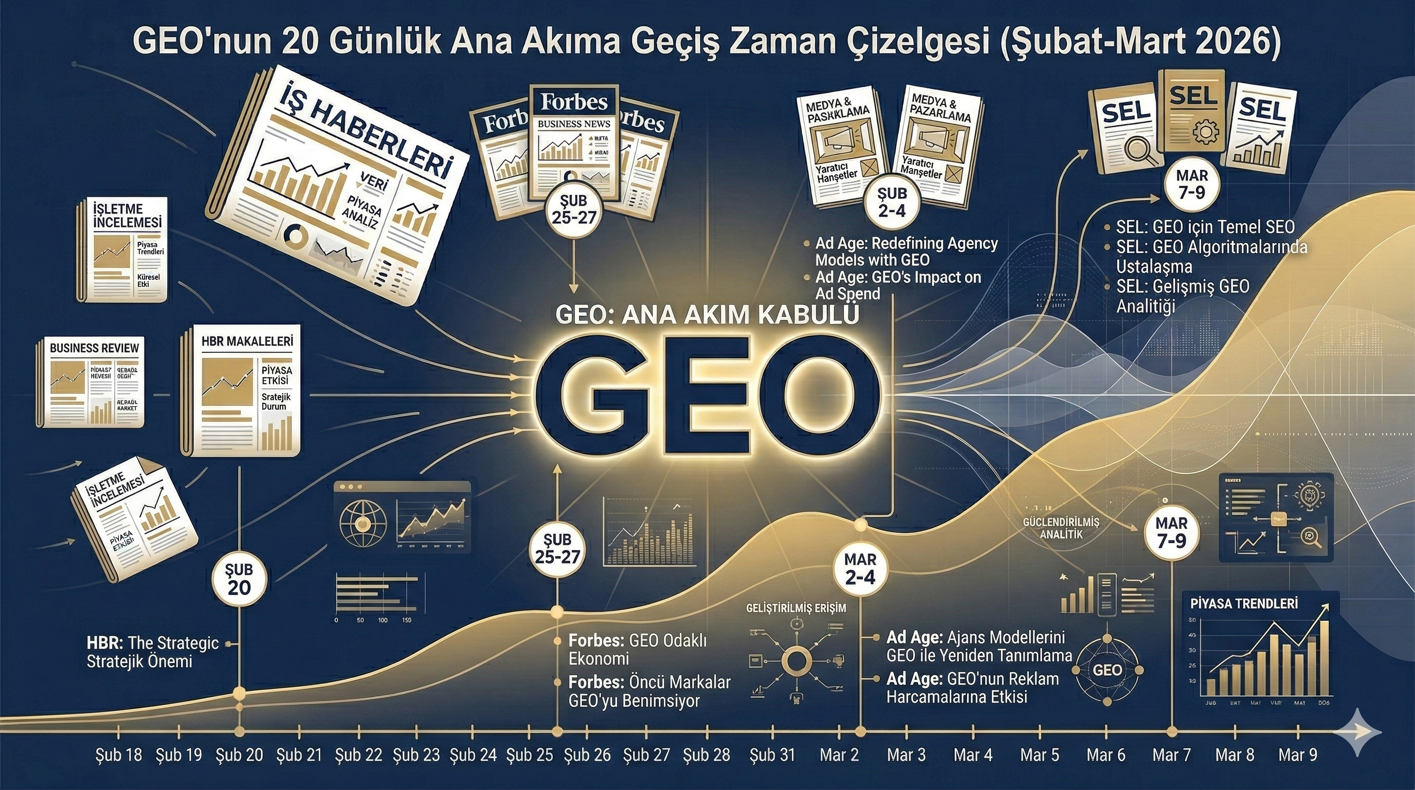 GEO mainstream zaman cizelgesi — 20 gunde A-tier kaynaklarin GEO makaleleri