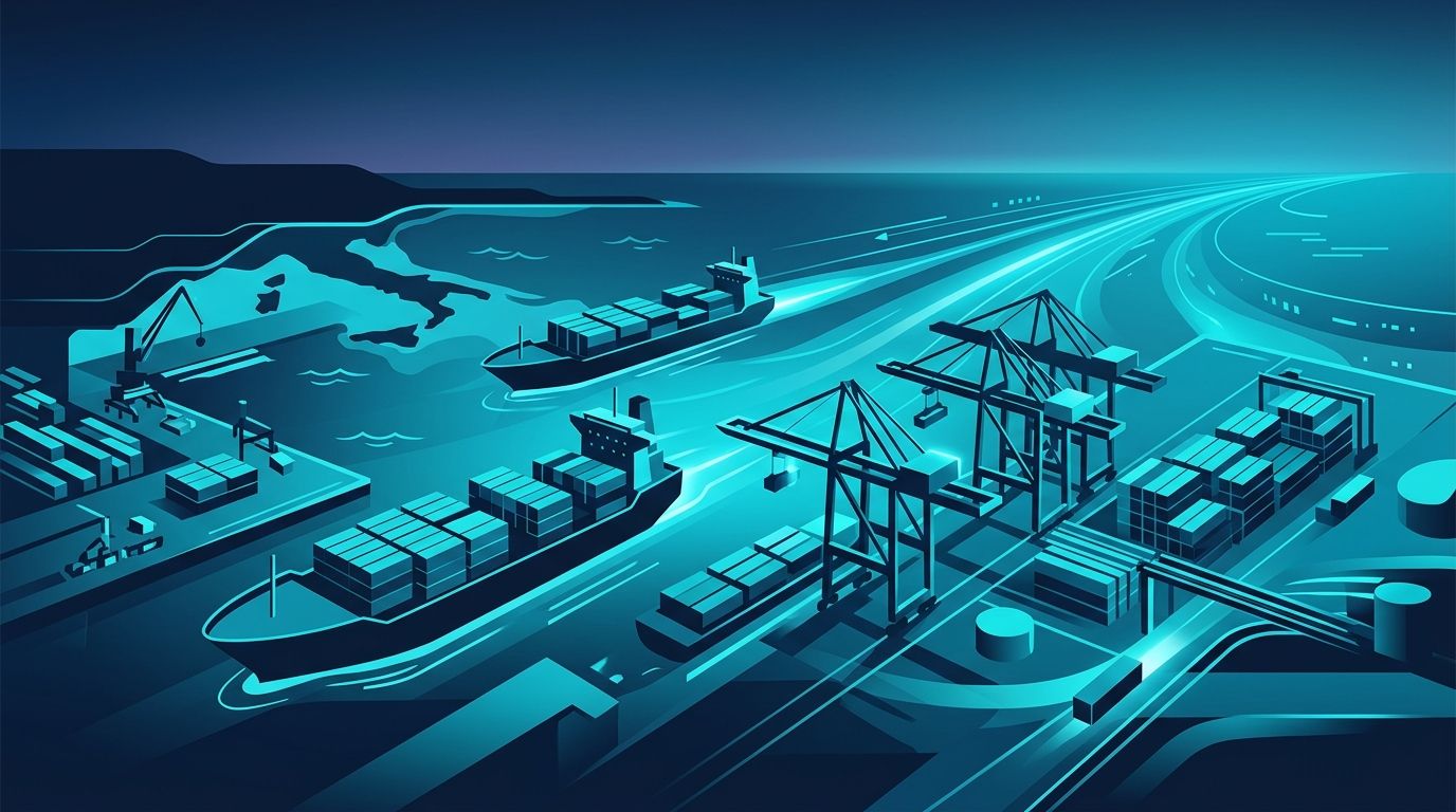 Mersin Limanı havadan görüntüsü — konteyner istif sahası, gantry crane sırası, reefer container yard ve liman içi lojistik altyapısı; Mersin lojistik AI görünürlük rehberi hero görseli