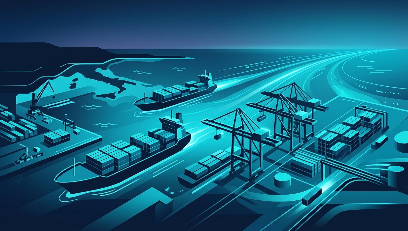Mersin Limanı havadan görüntüsü — konteyner istif sahası, gantry crane sırası, reefer container yard ve liman içi lojistik altyapısı; Mersin lojistik AI görünürlük rehberi hero görseli