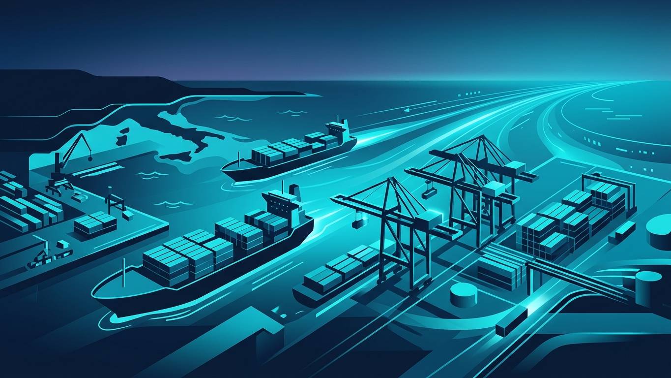 Mersin Limanı havadan görüntüsü — konteyner istif sahası, gantry crane sırası, reefer container yard ve liman içi lojistik altyapısı; Mersin lojistik AI görünürlük rehberi hero görseli