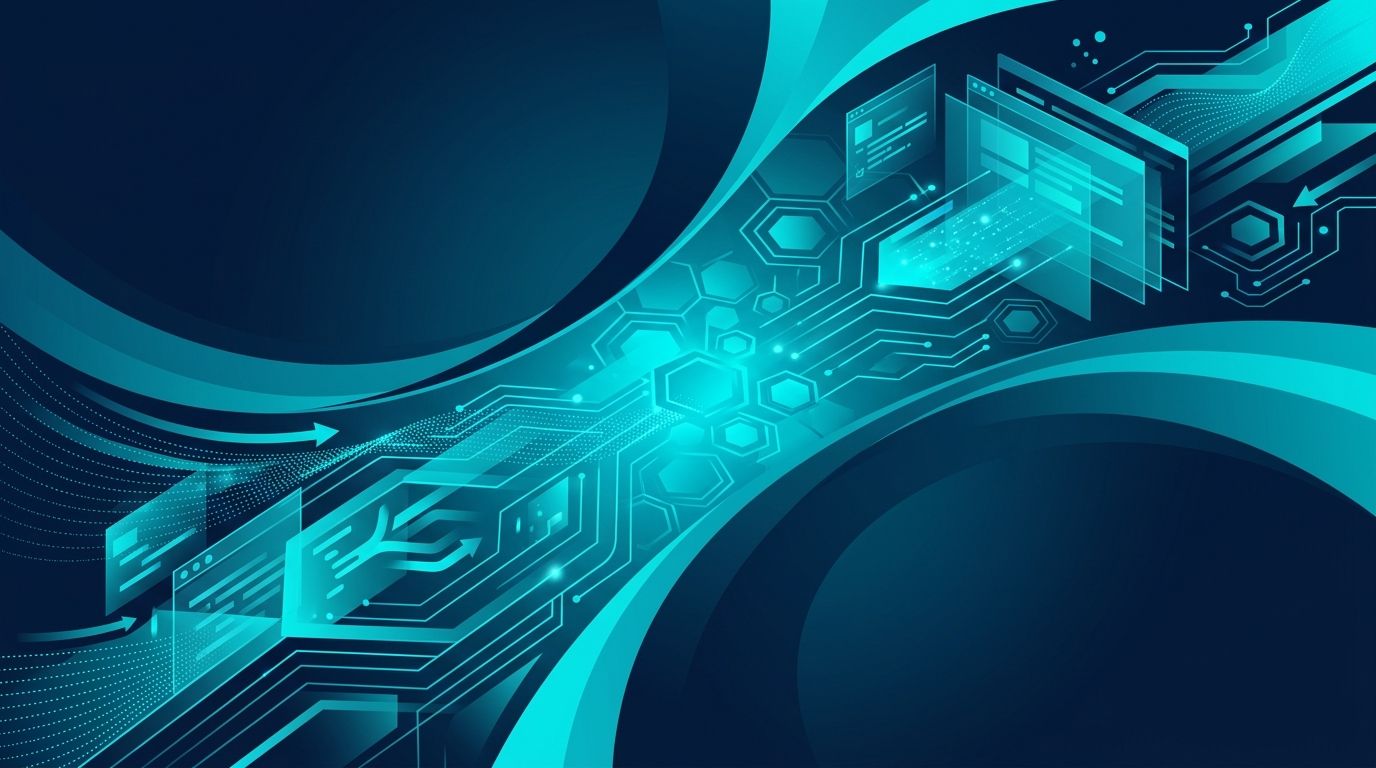OpenAI Operator agentic AI hero — tarayıcı sandbox penceresi + AI agent robot silüet + Türkiye haritası üzerinde turkuaz task akış halkaları (lacivert + turkuaz)