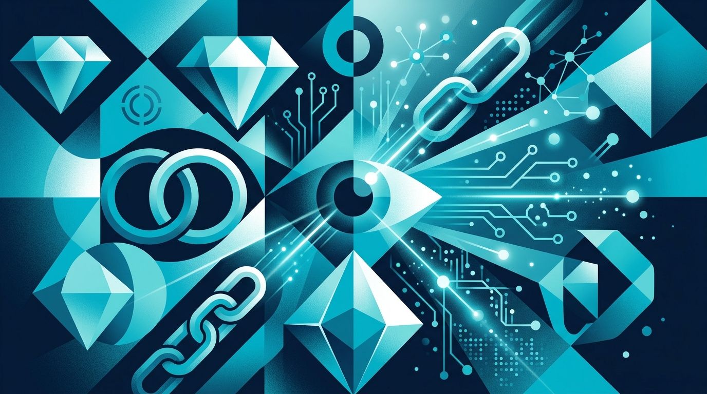 Kuyumculuk ve mücevher sektörü AI görünürlük 2026 hero — soyut geometrik elmas, veri akışı, sertifika onay sinyali, lacivert turkuaz altın tonlar
