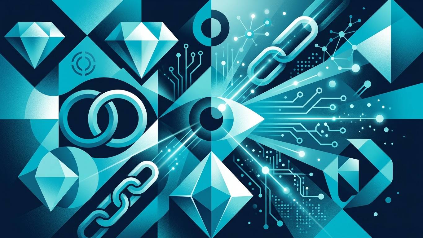 Kuyumculuk ve mücevher sektörü AI görünürlük 2026 hero — soyut geometrik elmas, veri akışı, sertifika onay sinyali, lacivert turkuaz altın tonlar