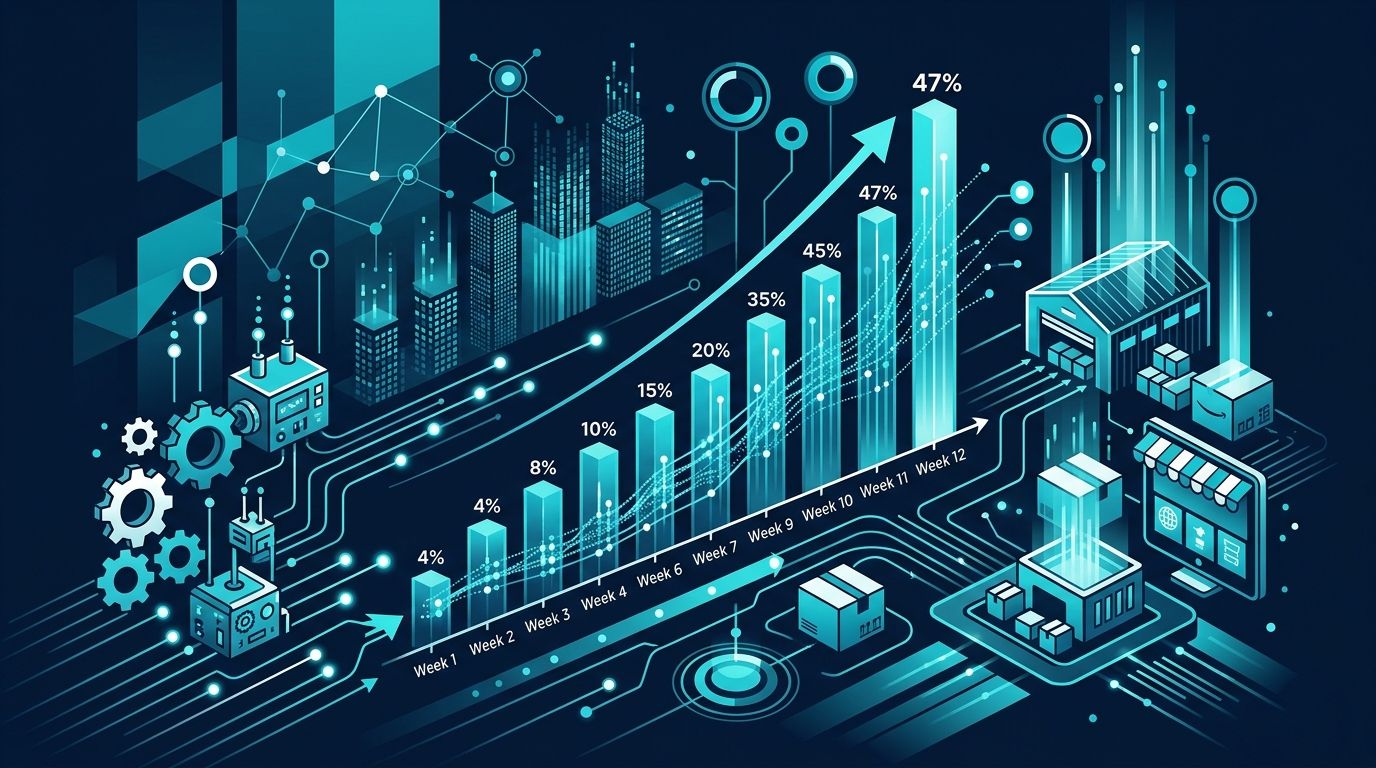 E-ticaret Anonim Vaka: Pazaryeri Tedarikçi 12 Hafta %4→%47 Sprint istatistik infografiği