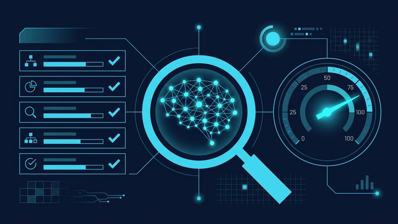 AI Görünürlük Spot Check 9 senaryo derinleştirme hero görseli — 9 mention rate gauge yatay sıralanmış, her senaryo farklı doluluk seviyesi neural network arka planda lacivert ve turkuaz tonlarda