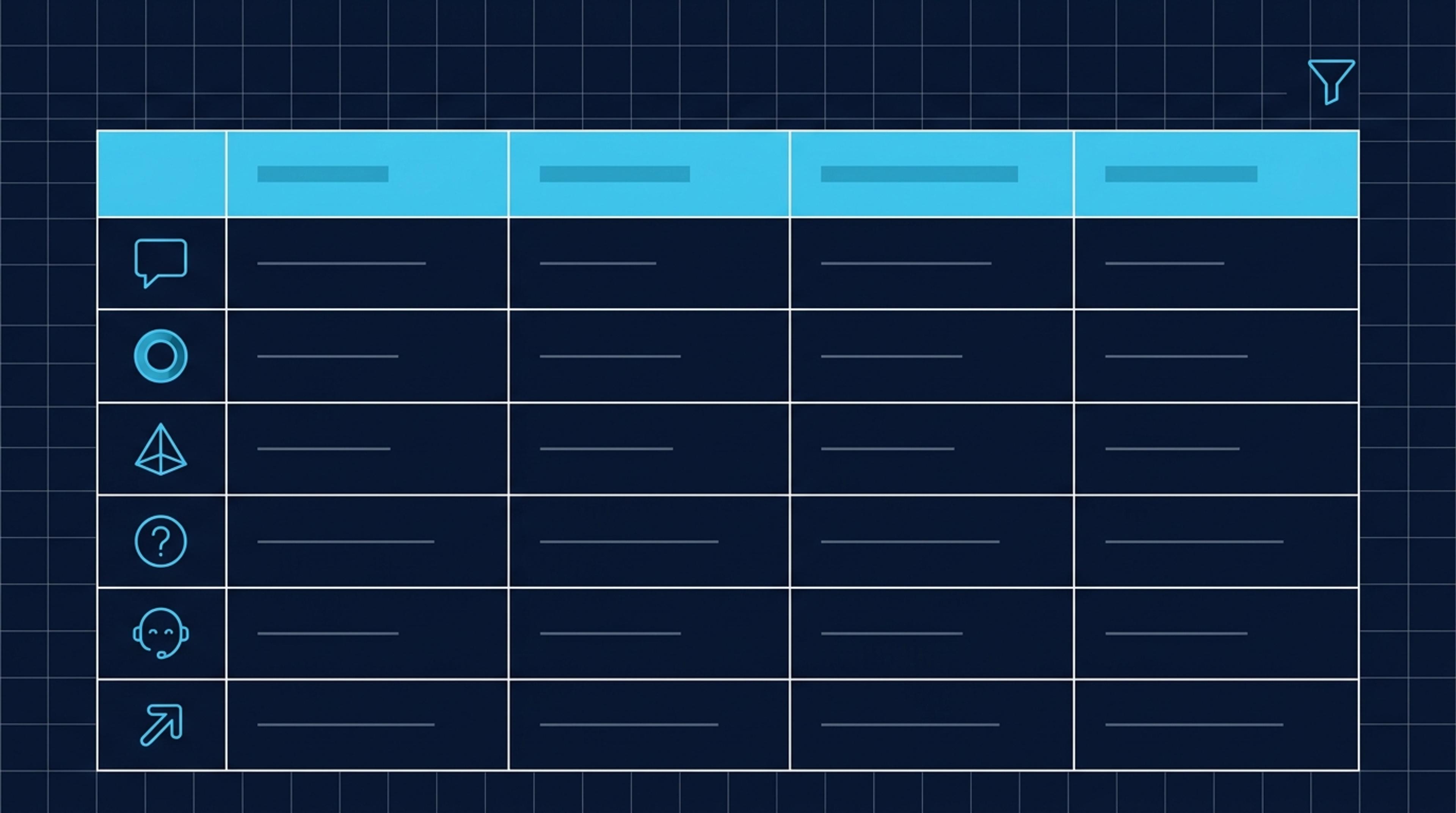 Multi-platform AI referrer string tablosu: 4 sütun (platform, referrer pattern, hacim, conversion), 6 satır (chatgpt, claude, gemini, perplexity, copilot, you.com). Turkuaz mavi platform ikonları + lacivert arka plan + beyaz grid.