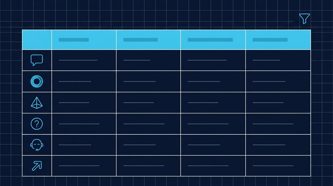 Multi-platform AI referrer string tablosu: 4 sütun (platform, referrer pattern, hacim, conversion), 6 satır (chatgpt, claude, gemini, perplexity, copilot, you.com). Turkuaz mavi platform ikonları + lacivert arka plan + beyaz grid.