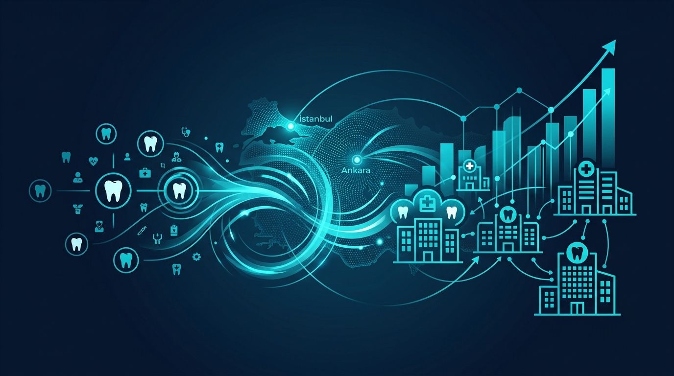 SMB diş kliniği zincir multi-location AI görünürlük — modern dental klinik tedavi koltuğu + şube haritası + ekip ikon hero görseli
