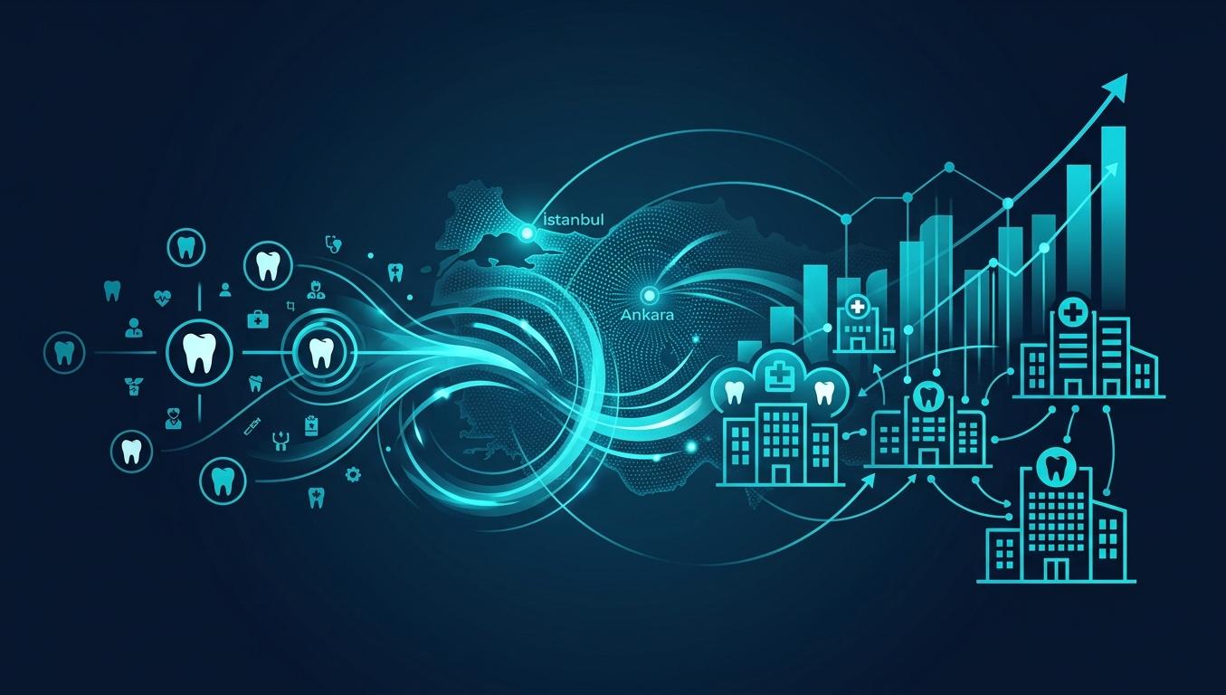 SMB diş kliniği zincir multi-location AI görünürlük — modern dental klinik tedavi koltuğu + şube haritası + ekip ikon hero görseli