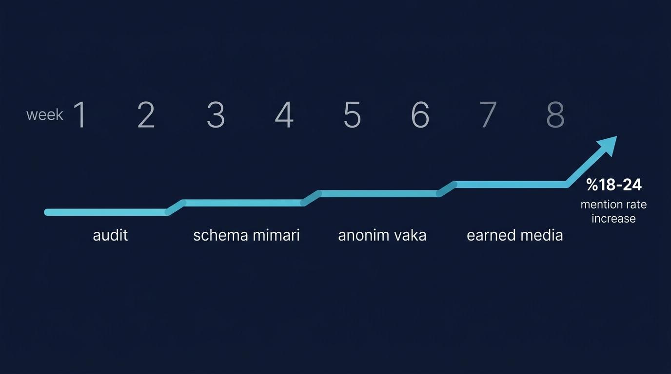 8 haftalık niş sprint timeline: audit + tespit, schema mimari, anonim vaka, earned media — mention rate %18-24 hedef