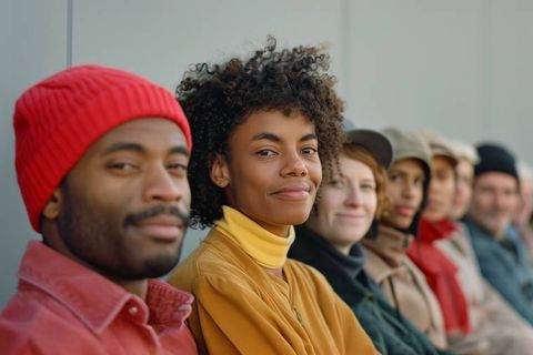 A row of people seated together, looking toward the camera
