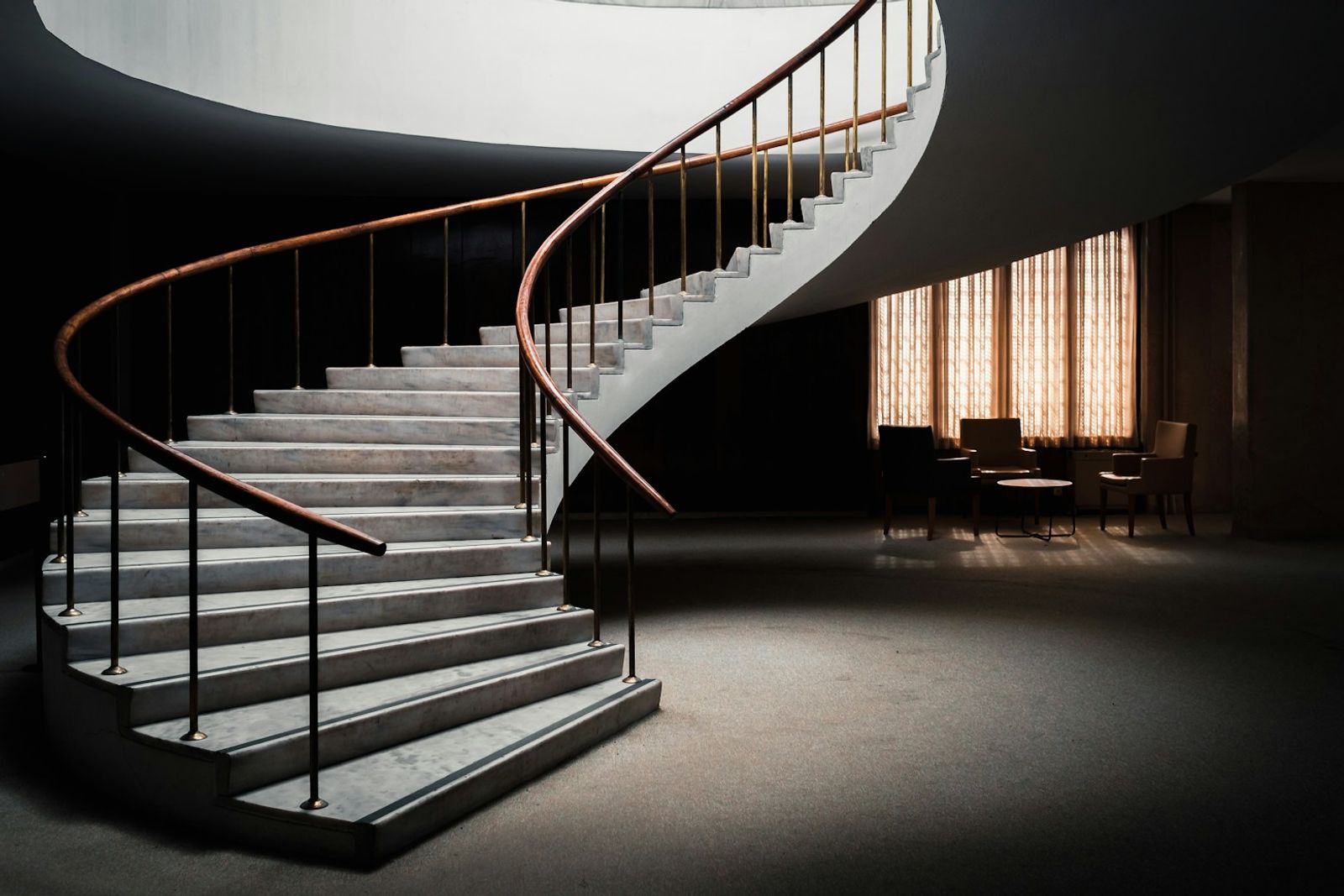 A spiral staircase seen from below