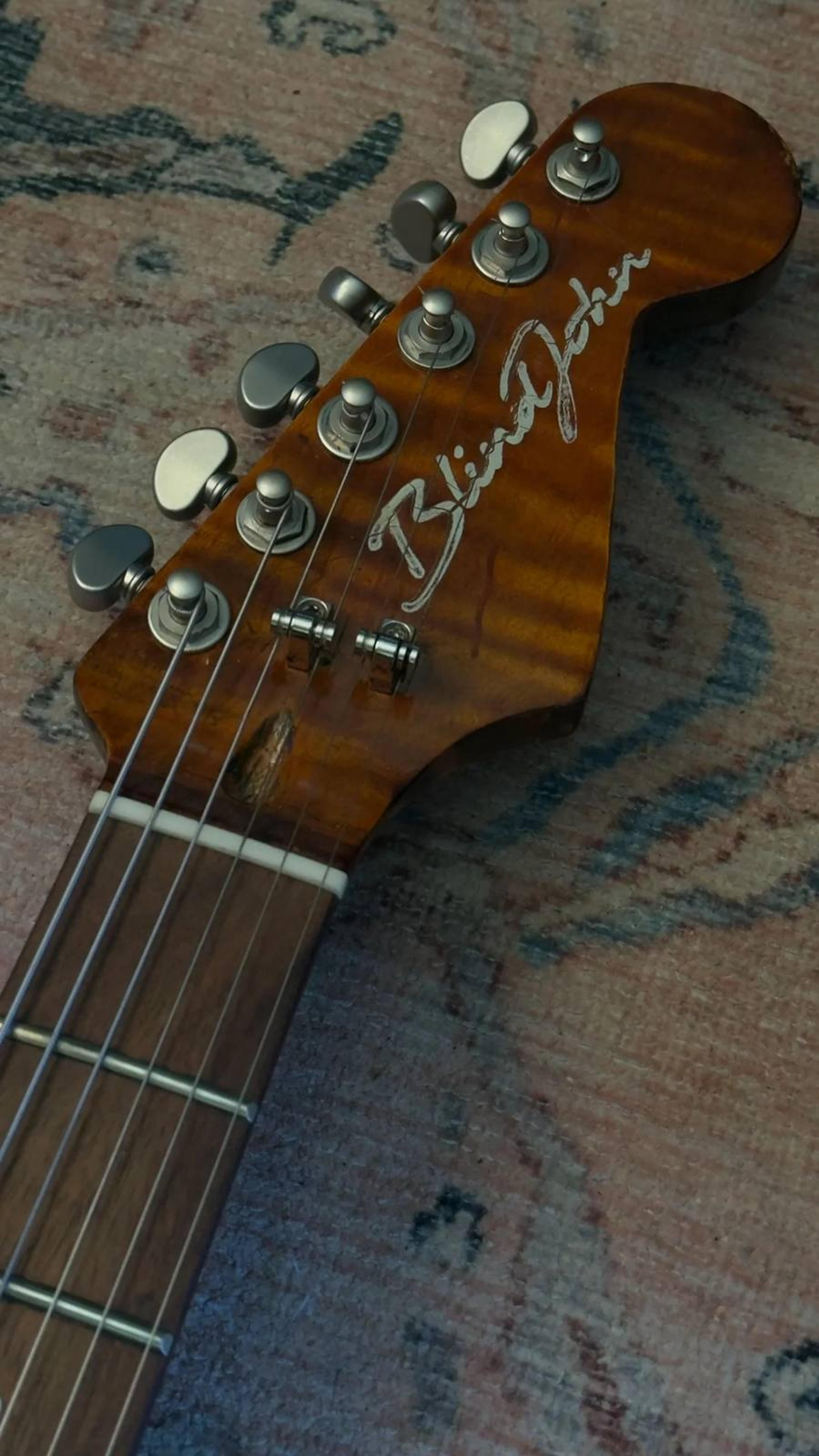 The DeVille - semi-hollow Offset custom guitar - 1 of 5 - Redburst Flame maple, roasted flame maple neck, satin grovers, jag style trem, Thomas Nilsen 'Big Goldie' pickups - headstock detail