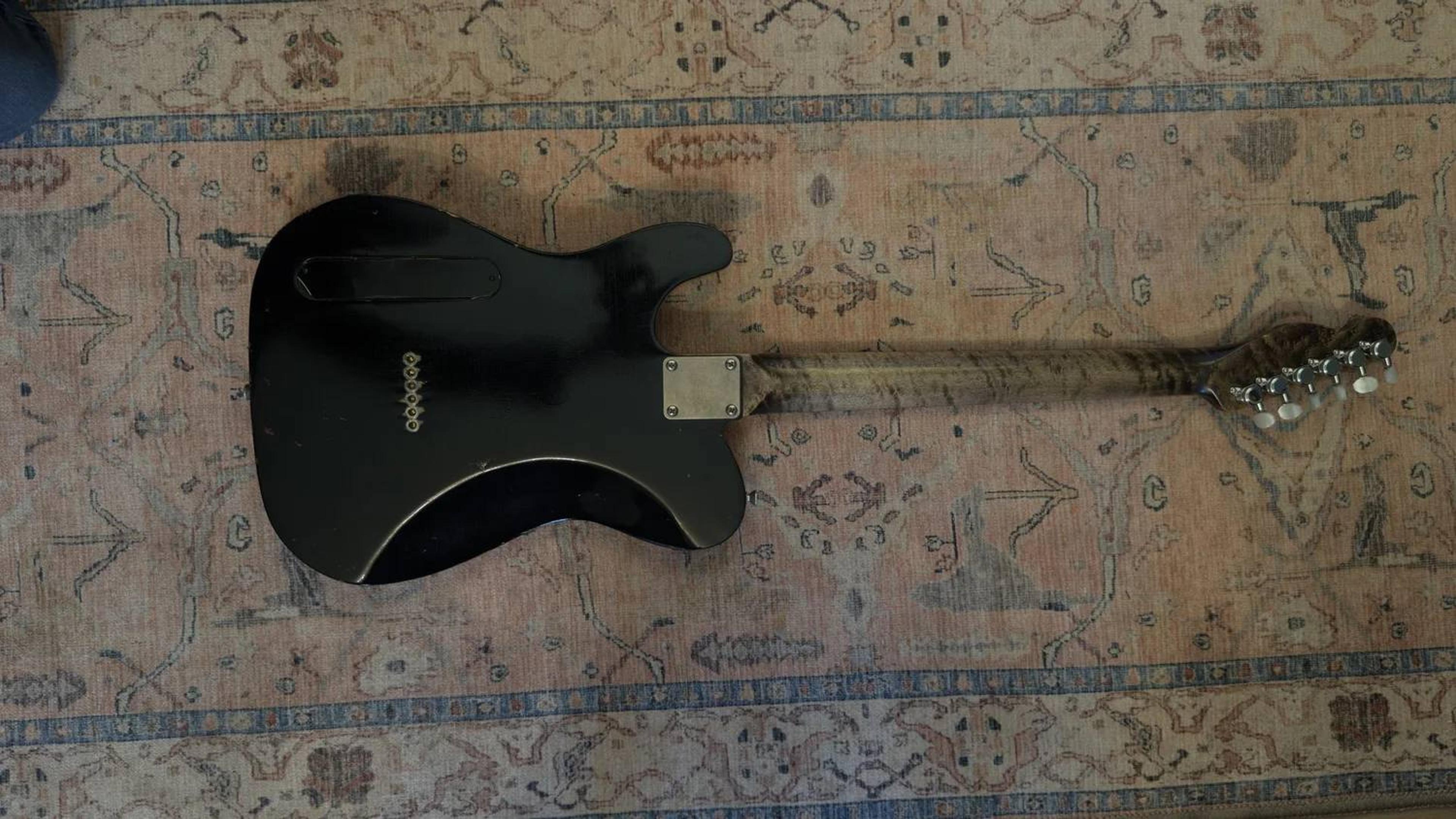 The Magpie - relic black Tele with white pearloid detail - swampified flame maple neck - rear