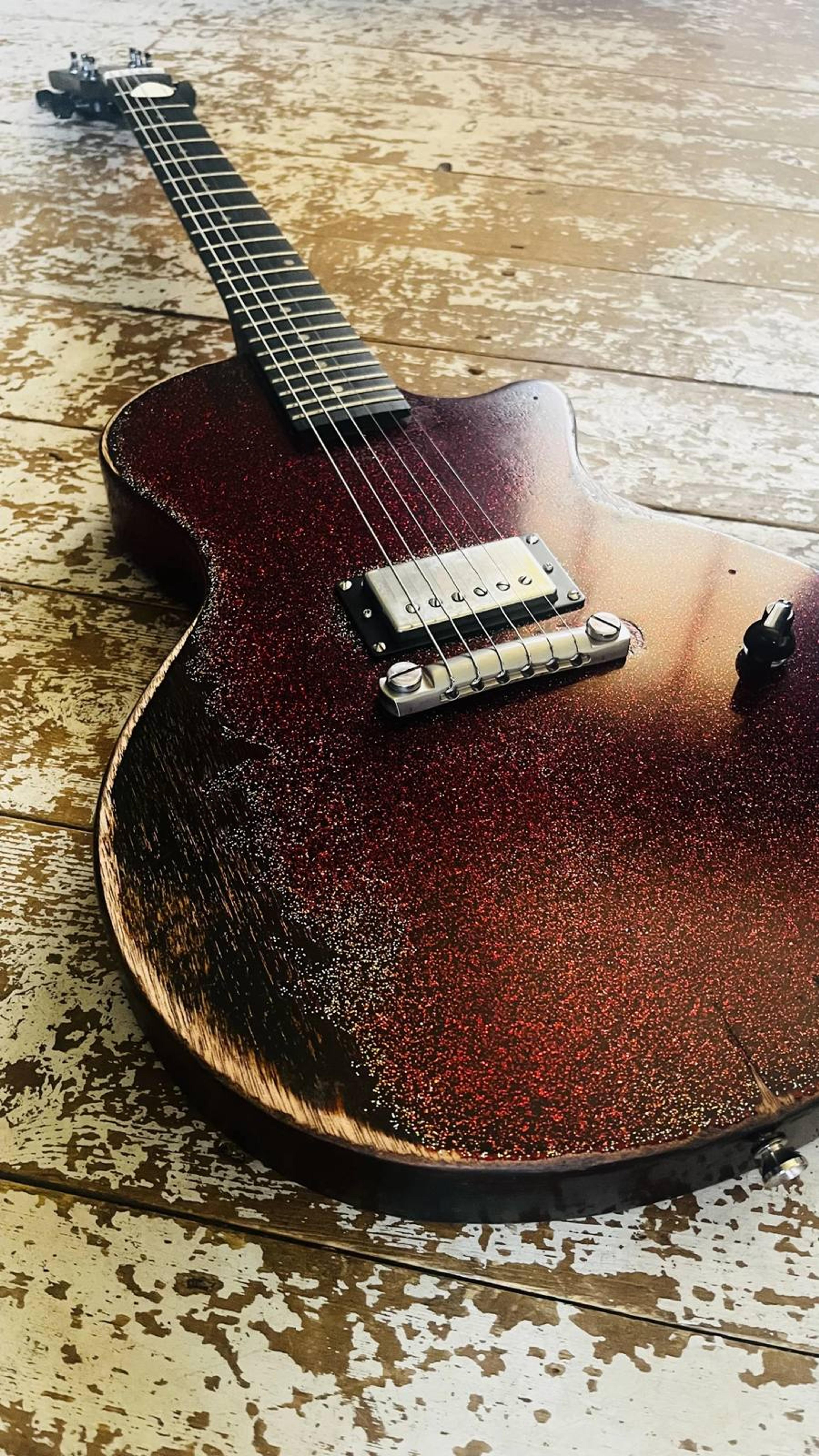 The Rebel Custom - LP Jnr style single pickup set neck custom guitar in Red Sparkle over black metallic - Bareknuckle Mule Humbucker - Faber Bridge - heavy checked hand relic'd nitrocellulose paint - front