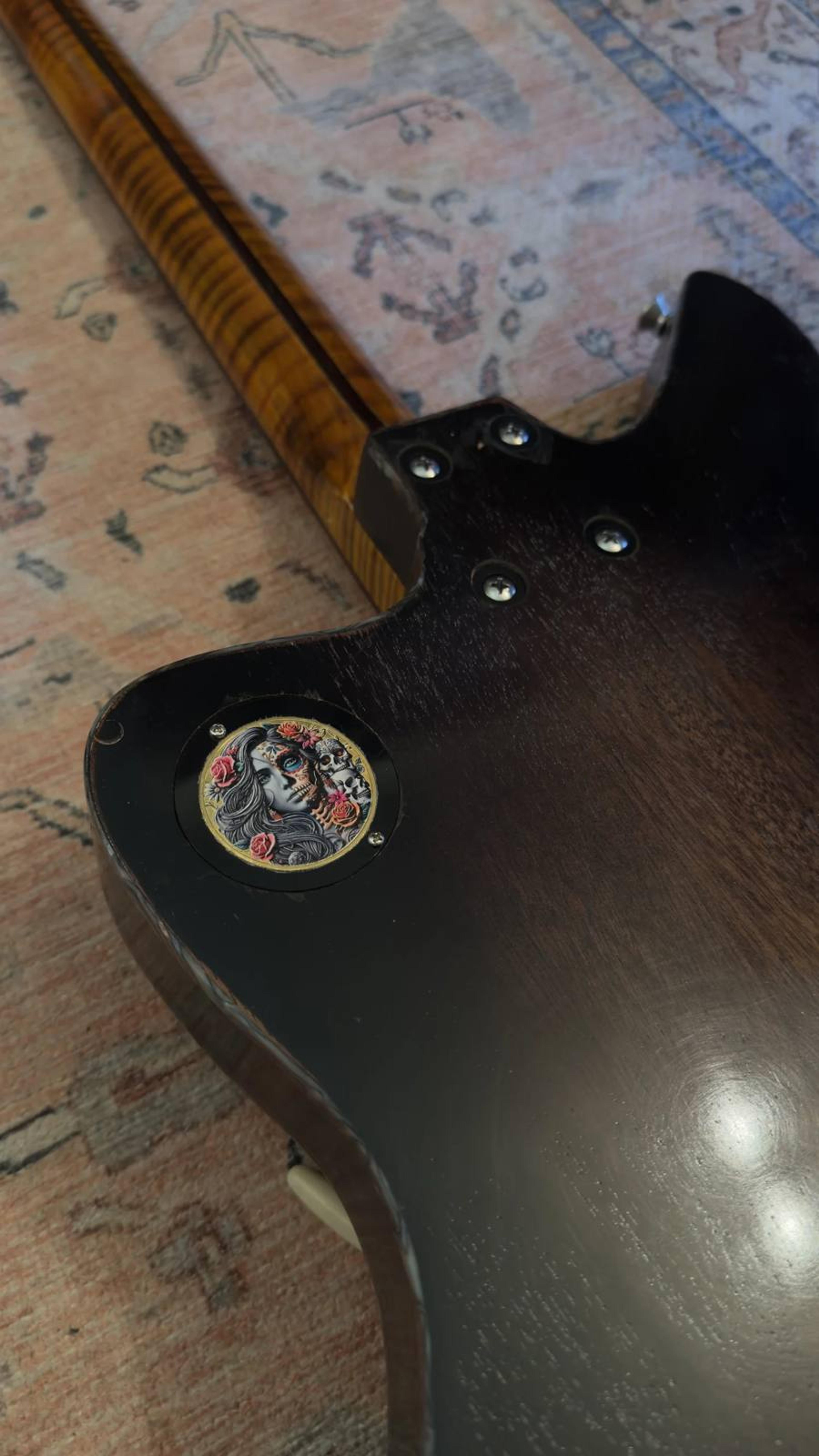 The DeVille - semi-hollow Offset custom guitar - 1 of 5 - Redburst Flame maple, roasted flame maple neck, satin grovers, jag style trem, Thomas Nilsen 'Big Goldie' pickups - rear detail