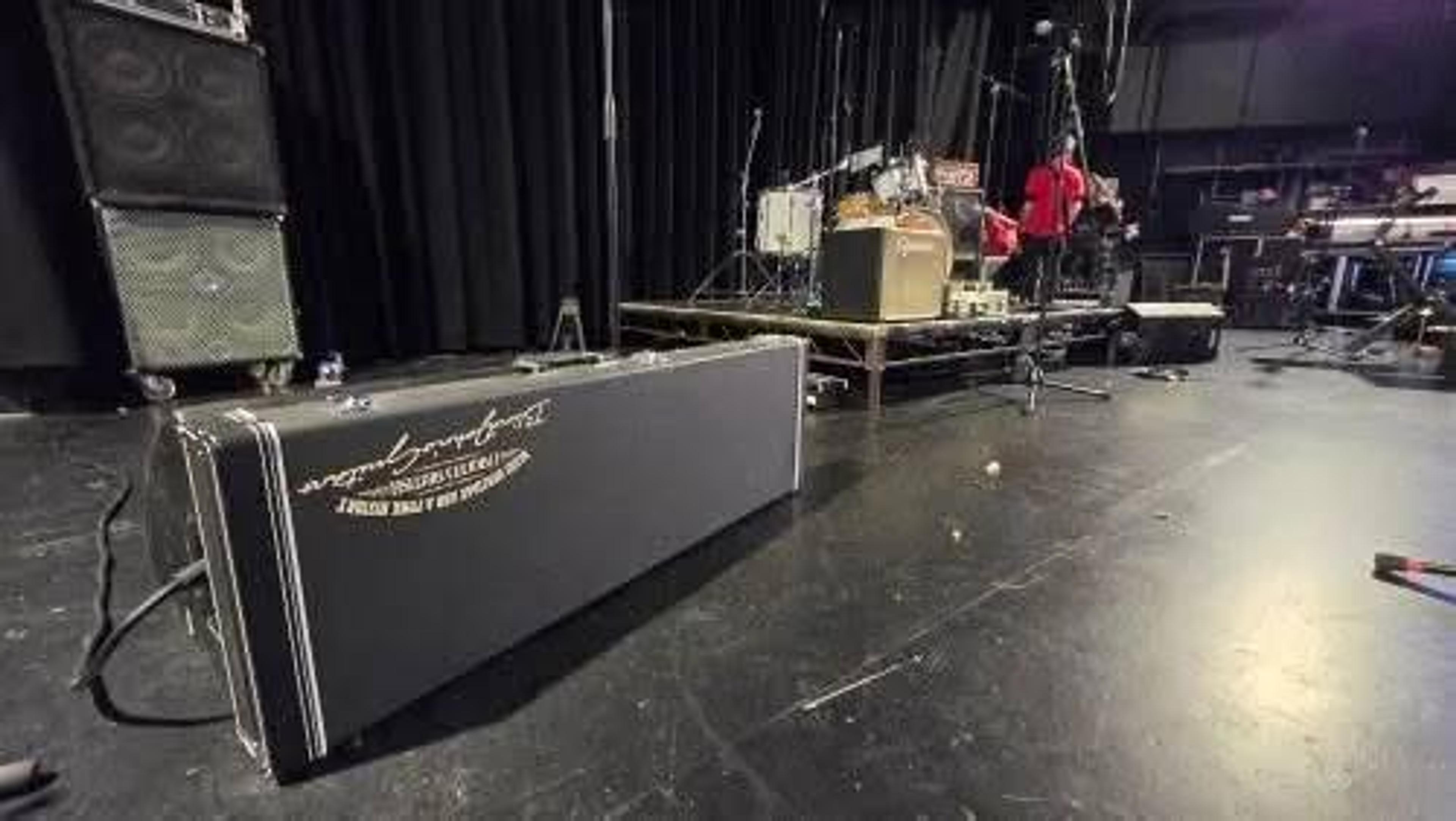 Blind Johns Guitars branded hard case on stage Glasgow o2